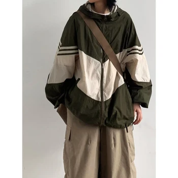 Gorpcore, винтажная куртка с капюшоном, Женский японский стиль, Быстросохнущая Зеленая верхняя одежда, оверсайз, Harajuku, Ретро, лоскутное шитье, Коричневый мужской топ
