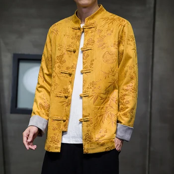 Мужская осенне-зимняя замшевая куртка с пряжкой в стиле ретро, китайский костюм Тан, жаккардовое пальто Hanfu со стоячим воротником.