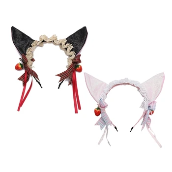 Обруч для волос с оборками для кошачьих ушей с подвесками-бантиками для девочек, косплей, фото