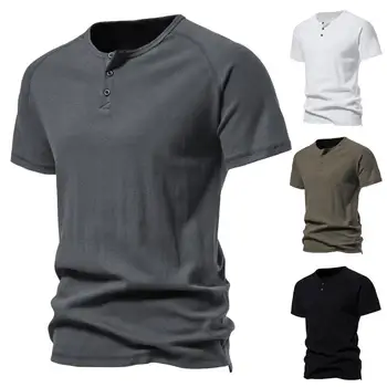 Мужская летняя футболка с коротким рукавом, однотонная, с круглым вырезом и пуговицами, Приталенная Повседневная одежда средней длины, с защитой от пиллинга, Мужская верхняя мужская одежда