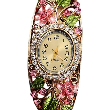Женские женские часы Beauty из цветного сплава с кристаллами, браслет с цветочным узором, золотые часы, аналоговый кварц, драгоценный камень, классические наручные часы для платья