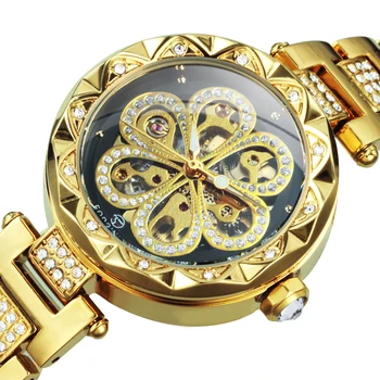 Женские часы с золотым скелетоном Forsining, модные роскошные автоматические механические часы со стразами, светящиеся стрелки, ремешок из нержавеющей стали