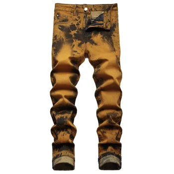 Дизайн в стиле рок-панк, мужские джинсы-стрейч, узкие брюки прямого кроя, уличная одежда, желтые джинсы для мужчин