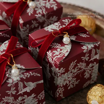 Винтажная Китайская свадебная коробка для конфет с квадратной высококачественной жемчужной пряжкой, подарочные коробки для шоколада и печенья, декоративная сумка из бархатной ленты