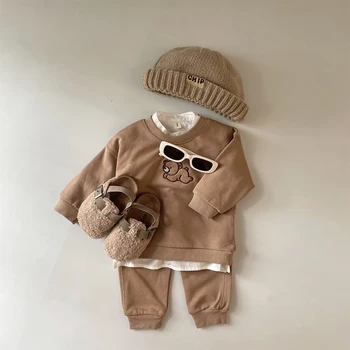Комплект одежды для мальчиков и девочек из двух предметов, вязаный топ с длинными рукавами и штаны с милым медвежонком, комплект спортивной одежды для новорожденных