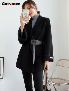 Cotvotee/ Черные шерстяные пальто для женщин 2023, осень-зима, Новые модные Шикарные пальто с длинным рукавом и отложным воротником, свободные куртки на шнуровке