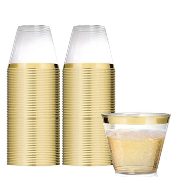 25шт Золотой пластиковый стаканчик 9 унций Твердый одноразовый стаканчик Пластиковый бокал для вина для вечеринки Свадебный бокал Прозрачный пластиковый стаканчик с золотым ободком