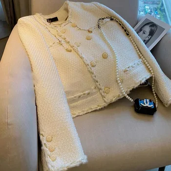 Женский твидовый пиджак в японском стиле, высокая посадка, короткий темпераментный топ, белый, Ранняя осень, Новинка, 2023