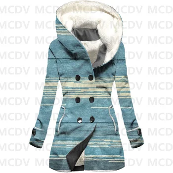 Флисовый плащ с капюшоном в полоску с 3D принтом в стиле ретро, женское толстое теплое пальто, женское зимнее теплое пальто, повседневная одежда
