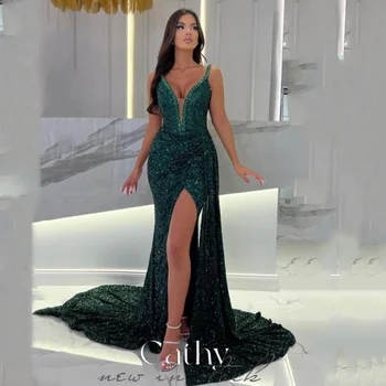 Блестящее черно-зеленое платье для выпускного вечера Cathy Vestidos De Noche с разрезом сбоку, сексуальное вечернее платье с блестками 