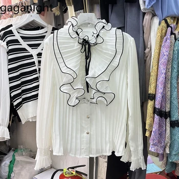Gaganight Женская Плиссированная Шифоновая рубашка с длинным рукавом и галстуком-бабочкой с рюшами, Шифоновая рубашка с длинным рукавом, Ранняя осень 2023, Новая Французская Блузка высокого класса, женская одежда