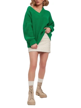 Женский осенний свободный свитер, однотонный вязаный свитер с V-образным вырезом, свитера с длинным рукавом, толстый трикотаж