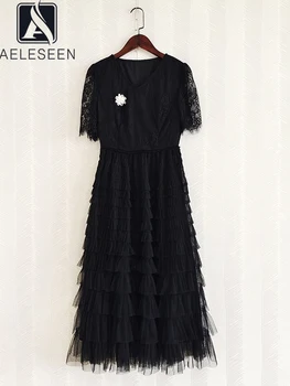 Черное летнее кружевное платье AELESEEN, модное для подиума, V-образный вырез, расшитый бисером, жемчуг, элегантные каскадные оборки, тюль, праздничная вечеринка