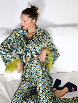 Брюки в клетку с длинными рукавами и перьями, комплекты из 2 предметов, Пижамы, женские блузки с отворотами, костюмы для сна, брюки с высокой талией, пижамный комплект