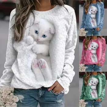 2023 Новая женская 3D футболка с круглым воротником и длинным рукавом, модная одежда для кошек, милый принт домашних животных, повседневная уличная одежда большого размера Ootd