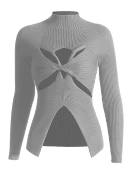 Женские свитера с вырезами крест-накрест, круглый вырез, длинный рукав, повседневный шикарный свитер для похудения, женский 2023