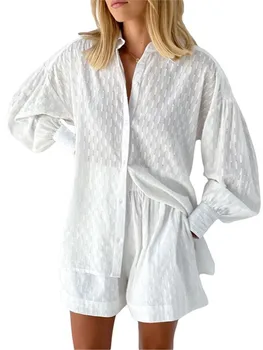 Женский однотонный комплект из белой блузки с рукавом-фонариком, женская рубашка, эластичные широкие шорты, костюмы из 2 предметов, модная уличная повседневная одежда