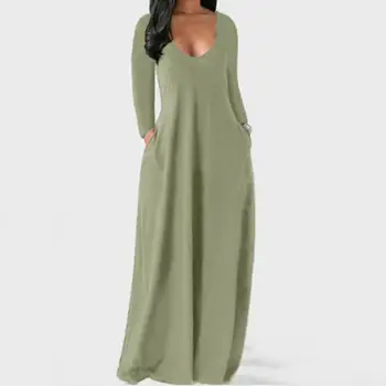 Женское платье, Мягкое дышащее женское платье Макси с V-образным вырезом и длинными рукавами, Весеннее платье с карманами