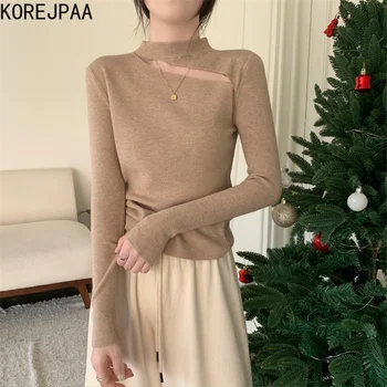 Женские свитера Korejpaa 2023, ранняя осень, винтажная одежда в стиле пэчворк с длинным рукавом, простой однотонный повседневный женский низ