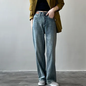 Осенние широкие джинсовые брюки в стиле ретро для женщин, прямой крой с завышенной талией, подчеркивающие стройность, модные винтажные джинсы