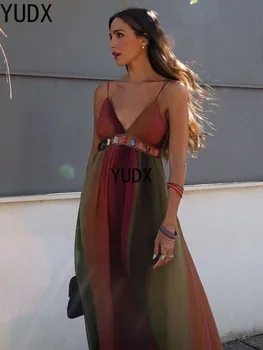 Сексуальное шифоновое пляжное платье-слинг с открытой спиной для женщин 2023 Летние каникулы Контрастные пляжные платья с V-образным вырезом для отдыха