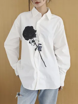 Дизайнерская белая рубашка на пуговицах с розовым принтом для женщин, Весна 2023, Осенняя блузка с длинным рукавом, осенняя одежда