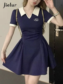 Jielur/ Новое женское платье-поло с вырезом лодочкой, летнее модное платье контрастного цвета с вышитыми буквами, мини-платье Корейской академии с коротким рукавом