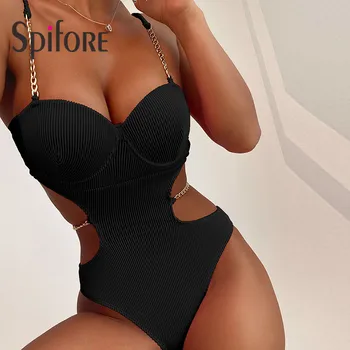 Женские купальники Spifore с сексуальным вырезом, модный цельный комплект бикини на цепочке, элегантный летний пляжный купальник из рубчатого трикотажа в рубчик