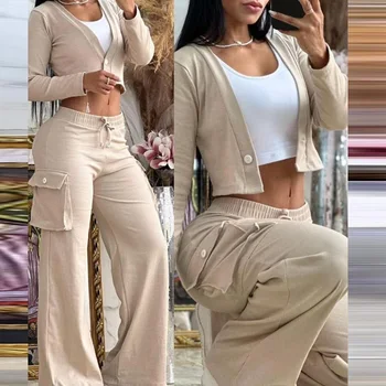 Женские брюки-карго с высокой талией, комплект из двух предметов, осенний свободный спортивный костюм 2YK, винтажные куртки с длинными рукавами, топ и длинные брюки в комплекте