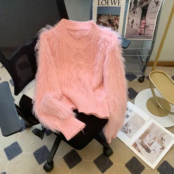 2023 Осень-Зима, Новый Свободный Короткий свитер из искусственного меха норки, утолщающий вязаный свитер для женщин, Розовый вязаный свитер-топ