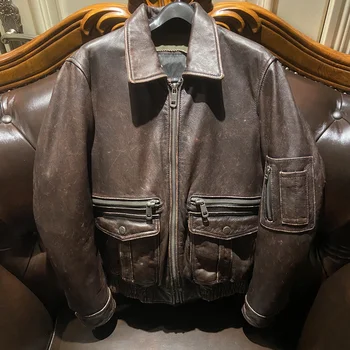2024 Новое поступление Мужская куртка из натуральной кожи, байкерское пальто из воловьей кожи, винтажная коричневая одежда для мотоциклов