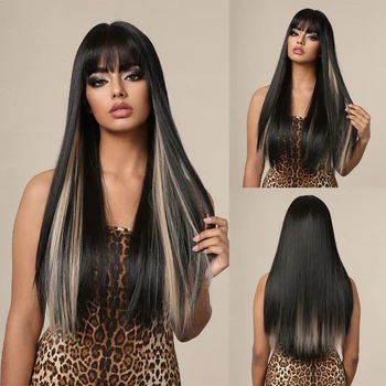 Новый парик для женщин, длинные волосы, прямые волосы, естественное мелирование, прическа из черного парика, полное покрытие головы