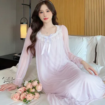 Осеннее кружевное длинное ночное платье, Романтическая пижама принцессы, винтажная сетчатая однотонная ночная рубашка, женская ночная рубашка с круглым вырезом