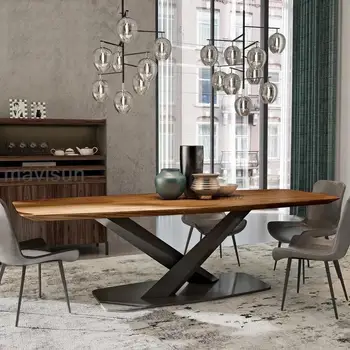 Скандинавский обеденный стол Комбинированный Прямоугольный из массива дерева Дизайнерский гостиничный балкон Современный минималистичный кухонный стол из углеродистой стали