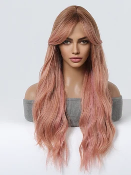 Синтетические парики цвета омбре розового цвета с челкой, длинные волнистые волосы Лолиты, разноцветный парик для косплея на Хэллоуин, женская средняя часть, Термостойкий