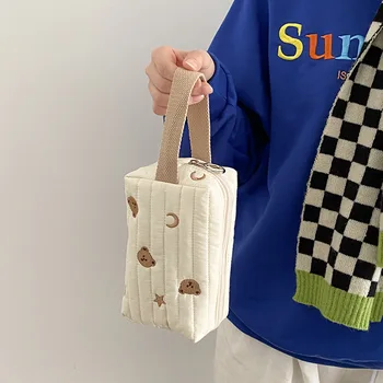 Сумка-органайзер для детских подгузников с вышивкой и мишкой, Уличная сумочка, портативное хранилище косметики, Стеганая хлопчатобумажная сумка для коляски
