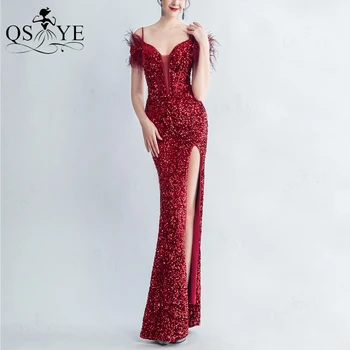 Роскошные Темно-красные вечерние платья из баскского страусиного меха с открытыми плечами и боковыми рукавами, платье для выпускного вечера с крупными блестками, Элегантное вечернее платье с разрезом.