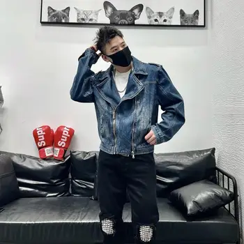 Весенне-осенняя корейская джинсовая куртка, мужская мода, популярная молодежная индивидуальность, украшение на молнии, накладка на плечо, короткое пальто