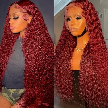 Бордовый Кудрявый парик из человеческих волос 13x6 HD с кружевной фронтальной частью, Бразильский парик из человеческих волос 99J красного цвета с глубокой волной 13x4 с кружевной фронтальной частью, парики из человеческих волос для женщин