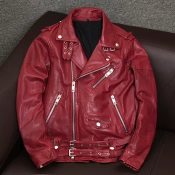 Новая красная куртка из овчины, тонкая зимняя мужская куртка из натуральной кожи, мужская мотоциклетная одежда из натуральной кожи
