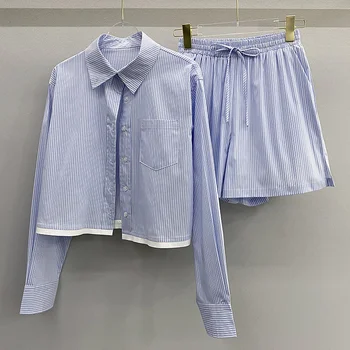 Тренд 2023 Весна / лето, Новый комплект шорт с длинным рукавом в милую полоску, женская повседневная короткая рубашка