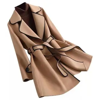 короткий тренч, женское пальто 2023, осень-зима, свободное пальто большого размера, женский корейский стиль, повседневный галстук, однотонная куртка для женщин