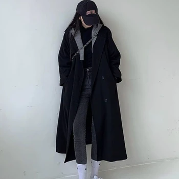 Маленькая Корейская версия студенческого стиля, высококачественное черное шерстяное пальто с капюшоном, длиной до колен, средней длины