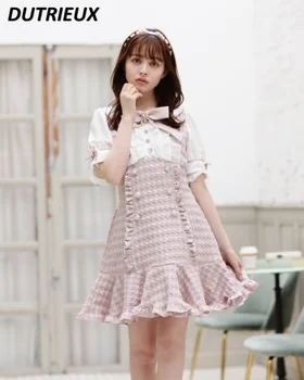 Японская компания Mine Массового производства Sweet Girls В классическом стиле, тонкое платье с оборками, Розовый бант, милое двубортное платье в клетку с коротким рукавом