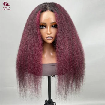 Распродажа Черный Бордовый Кудрявый парик с прямыми кружевами, плотность человеческих волос 200%, Предварительно выщипанные Настоящие парики без блеска