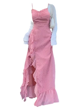 Женское платье Миди Party Club Y2K, Сексуальное Элегантное Женское Винтажное Кавайное Розовое Платье С открытыми плечами, Цельное Роскошное Платье Трапециевидной формы, Сказочное платье