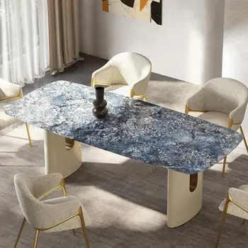 Итальянский прямоугольный обеденный стол с голубой текстурой, столешница из каменной панели, Устойчивая рама стола с круглым углом, роскошные обеденные наборы