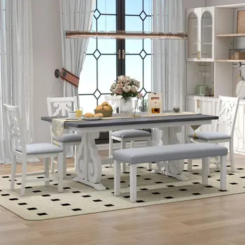 Набор деревянных обеденных столов из 6 предметов, четыре стула с изысканно оформленной полой спинкой и скамейка для домашней столовой