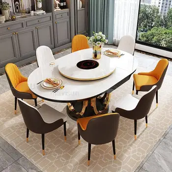 Комбинация обеденного стола и 6 стульев с поворотным столом, рама из нержавеющей стали, Круглый стол, Кухонная мебель для большой квартиры