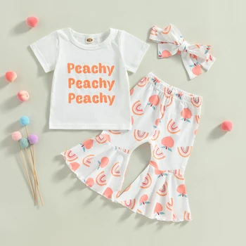 Летняя одежда для маленьких девочек, топы с короткими рукавами и буквенным принтом + Брюки-клеш с персиковым и радужным принтом + Комплекты повязок на голову